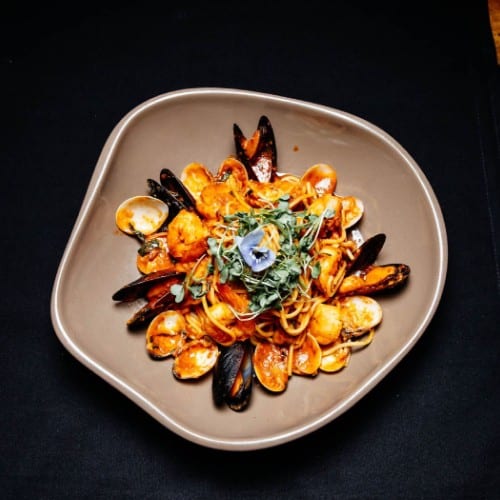 Seafood Bowl Over Pasta.