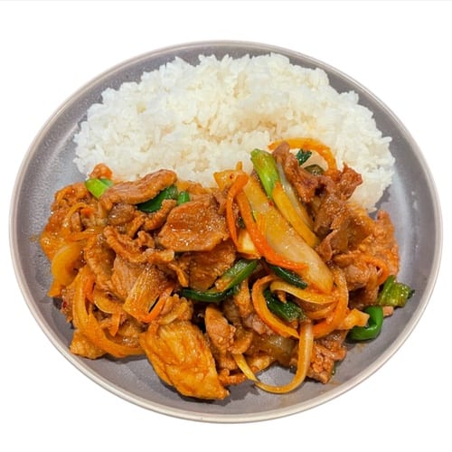 Pork Jeyuk Rice Dish & Pork Dumplings.