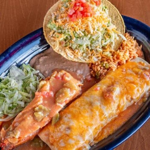 #7 Chicharrón Burrito, Tamale, Tostada, Beans and Rice.