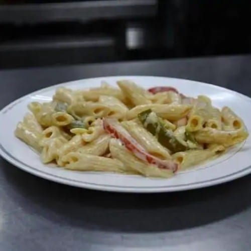 Rasta Pasta  with 5 Jerk Shrimp cabbage & Plantain.