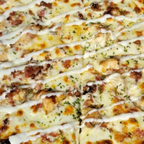 Chicken Bacon Alfredo Pizza.