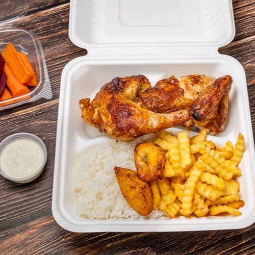 Half Chicken, 3 Sides, and Sauces.