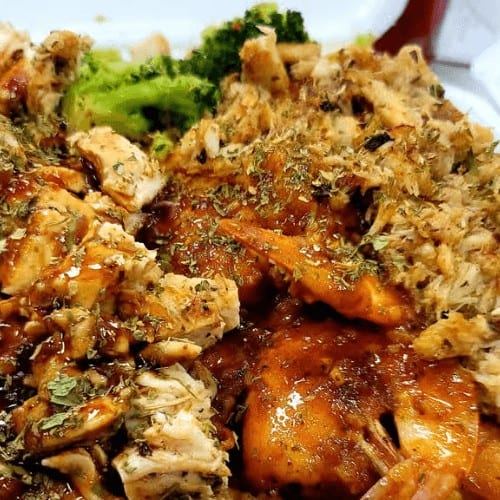 Jerk Chicken & Shrimp Rice Platter.