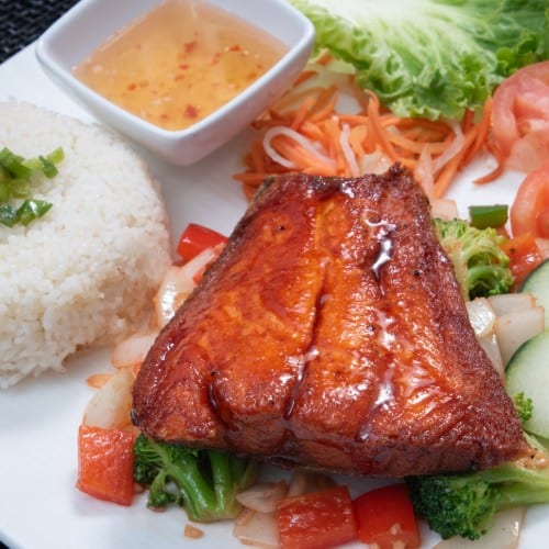 R1. Crispy Honey Glazed Salmon with Steamed Rice.
