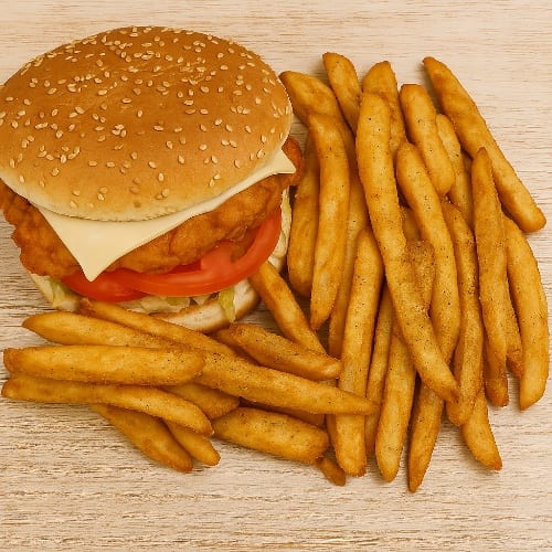 Chicken Sandwich, Fries & Can Soda.
