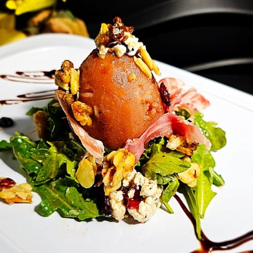 Organic Wine Poach Pear with Prosciutto & Goat Cheese.