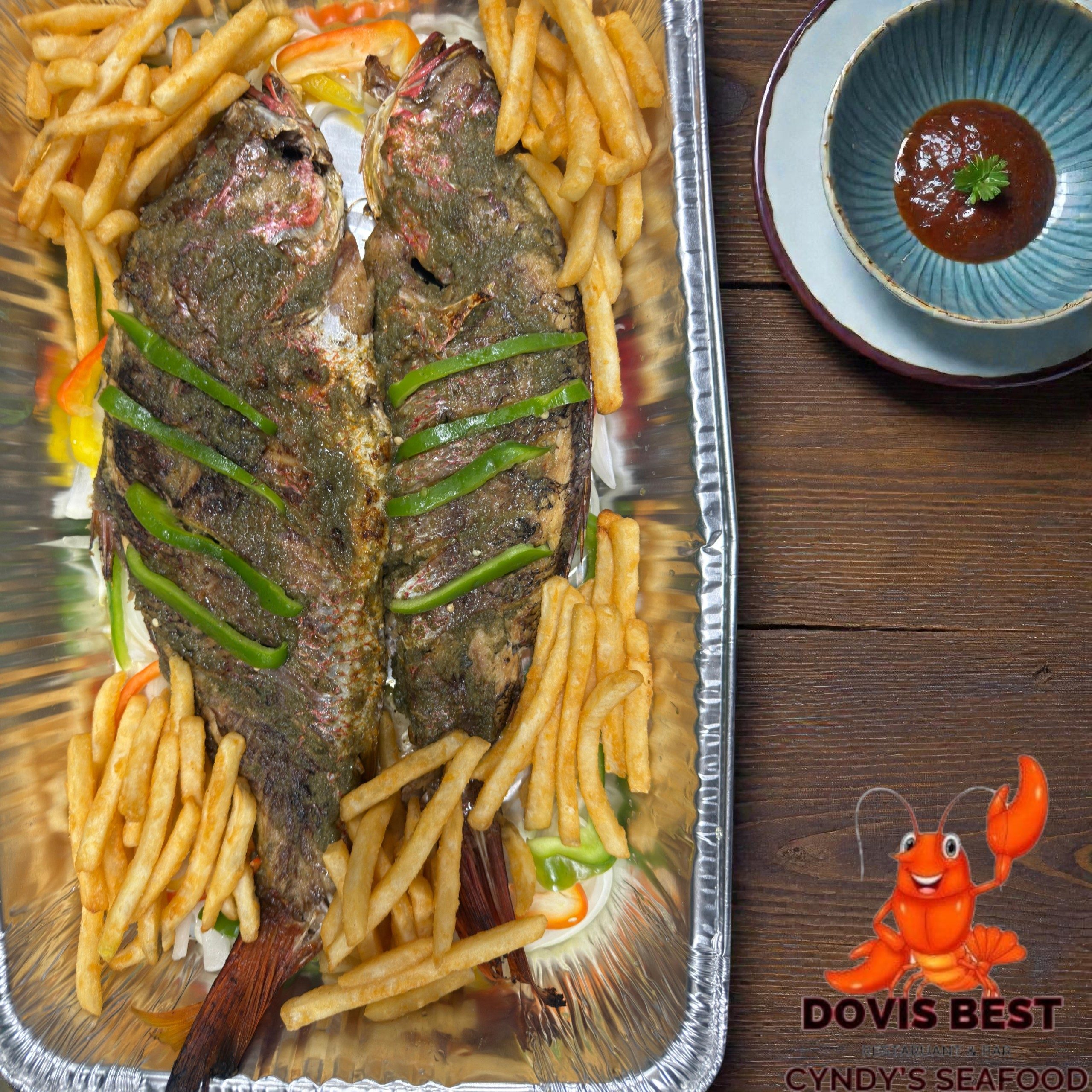 Grilled Red Snapper with Fried Plantains, French Fries or Jallof Rice.