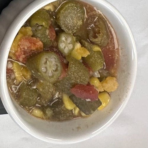 Okra, Corn, & Tomato.