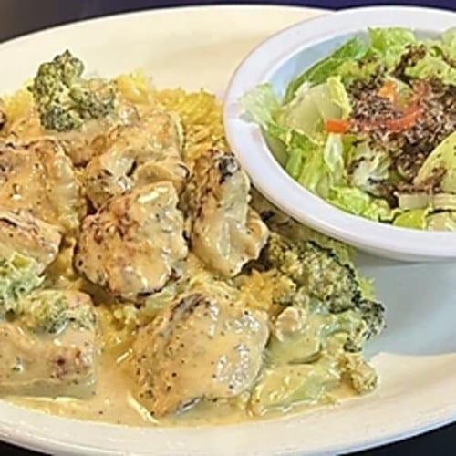 Creamy Broccoli Chicken Kabab Plate.