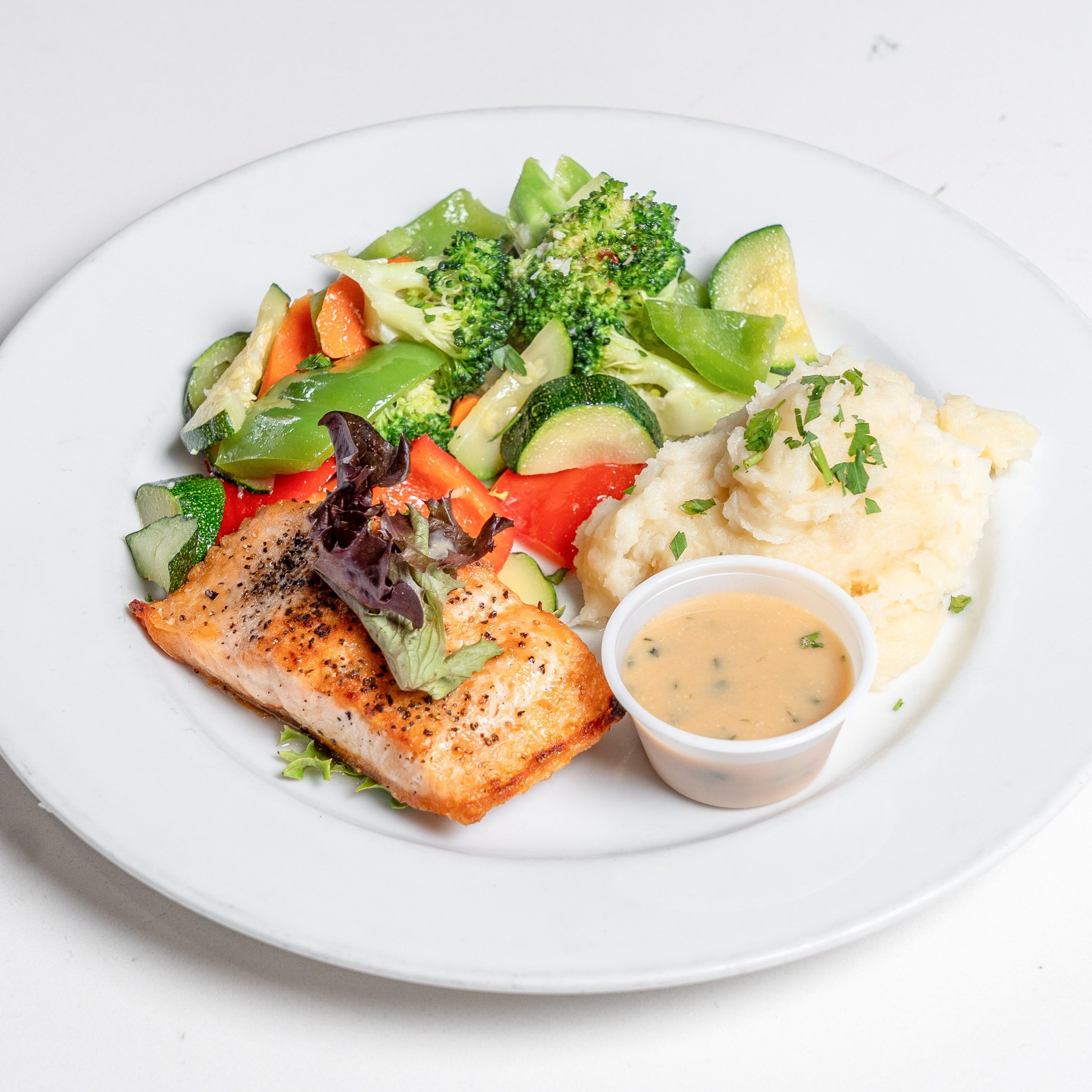 Miso glazed salmon filet dinner.