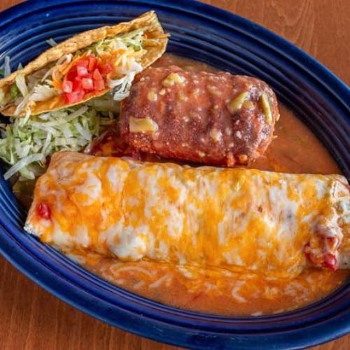 #2 Beef and Bean Burrito, Chile Relleno and Taco.