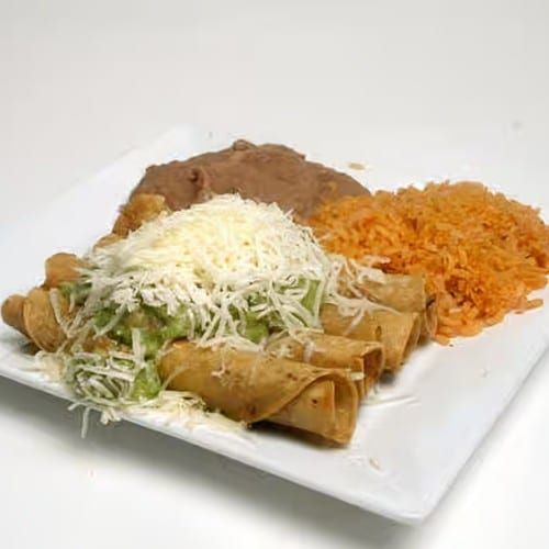 24 Rolled Taquitos, Beans, Rice, Soft Drinks Family Pack.