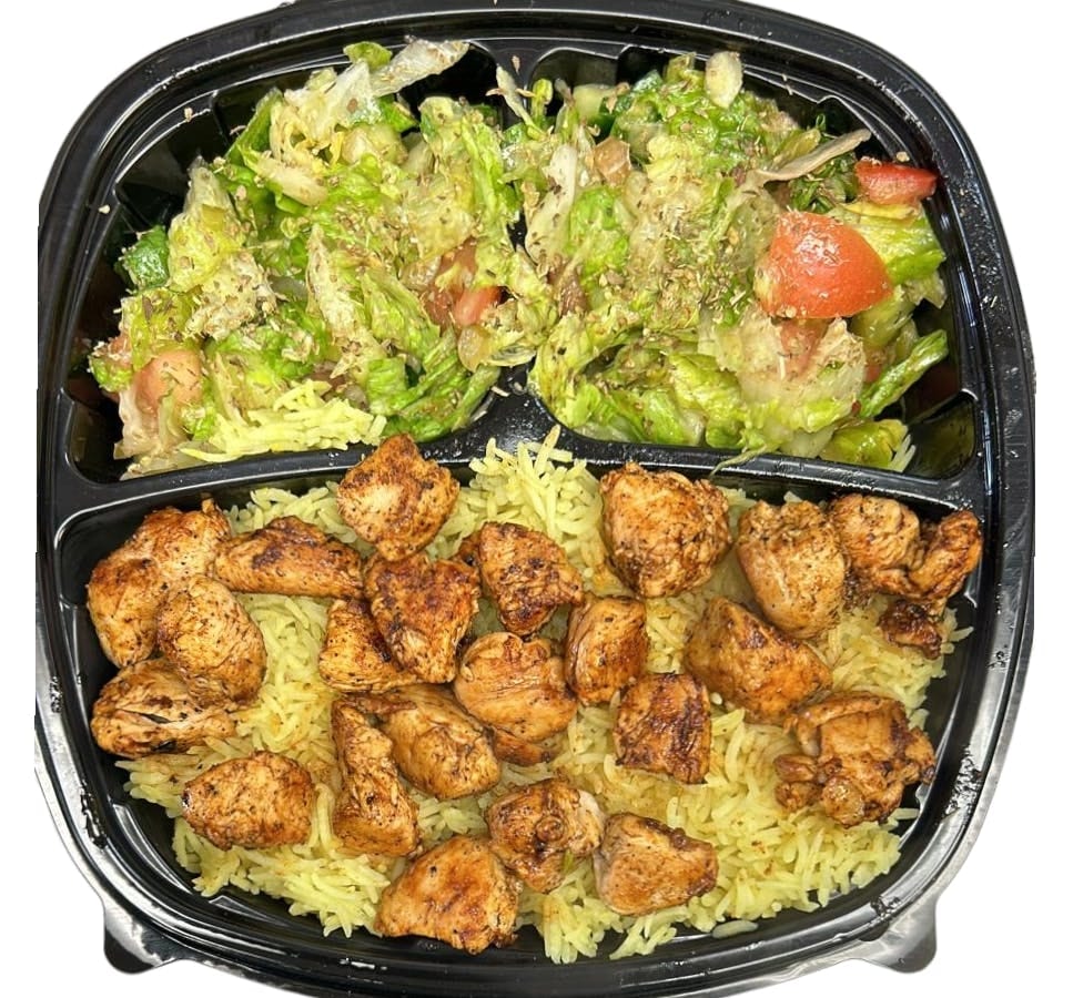 Halal Garlic & Lemon Chicken on Rice & Salad with Soda.