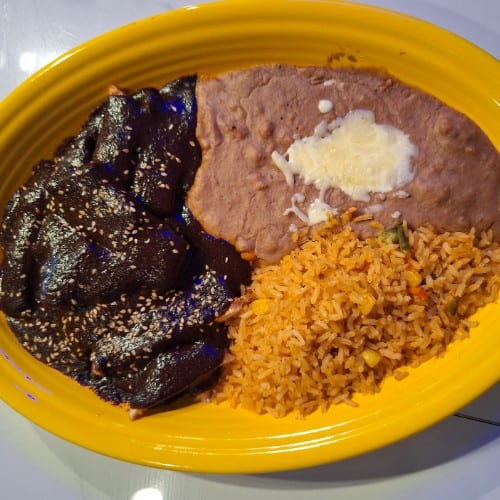 Chicken Mole, Rice and Beans.