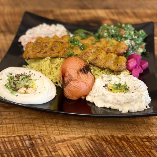 Spicy Kufta Chicken Kabob Platter.