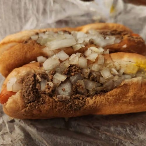 Mustard, Meat Sauce, Onion & Celery Salt Weiner.