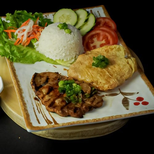 13C Pork Chop, Sugarcane Shrimp Rice Dish.