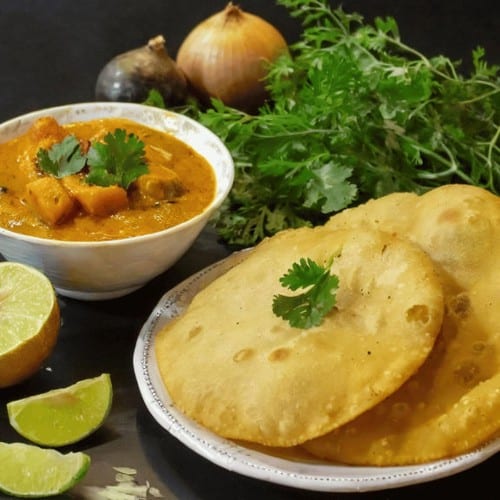  Poori With Potato Masala + Veg Kurma (4 Pcs).