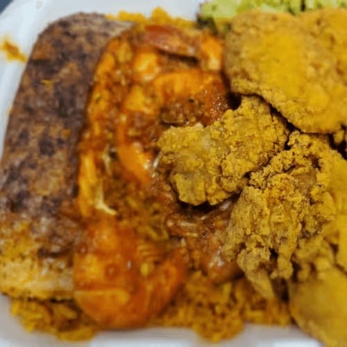 Fish, Shrimp & Salmon Rice Platter.