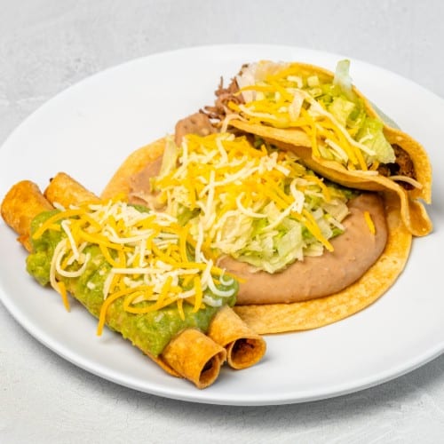 Bean Tostada, 1 Beef Taco, & 2 Rolled Tacos (Special #2).
