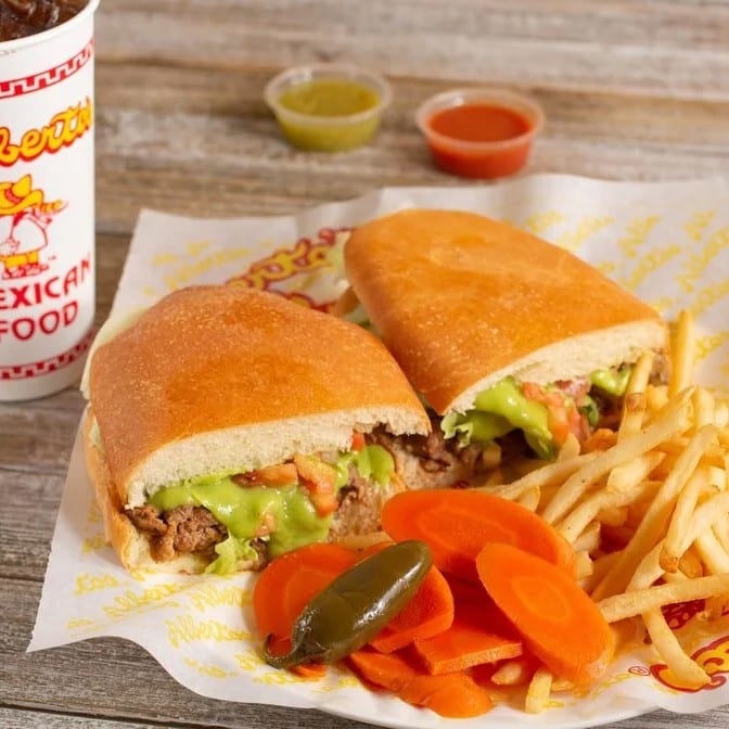 Torta Asada, Fries and Drink.