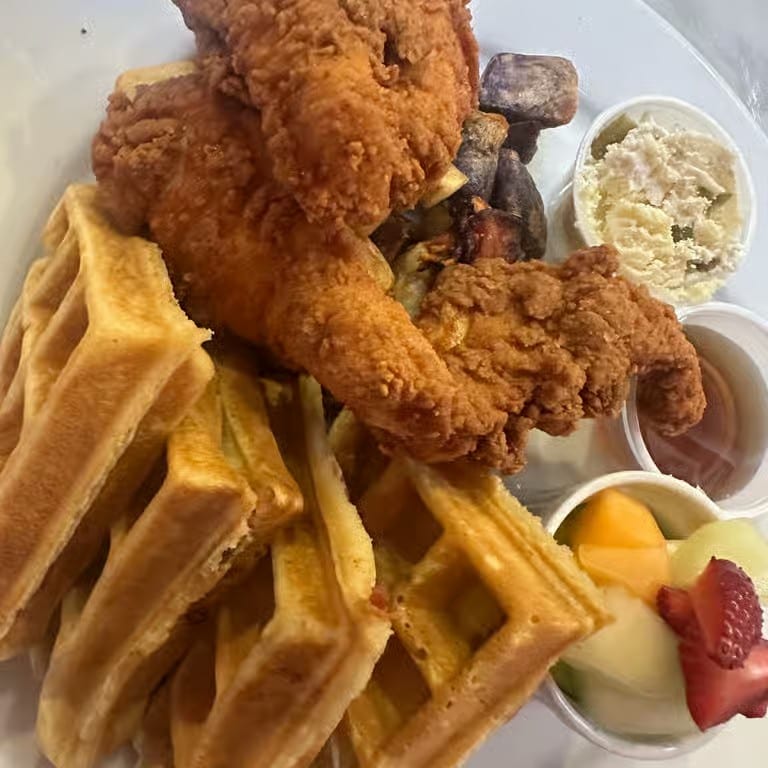 Southern fried chicken and waffles brunch.