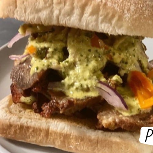 Pan Con Chicharron Sandwich & Fries.