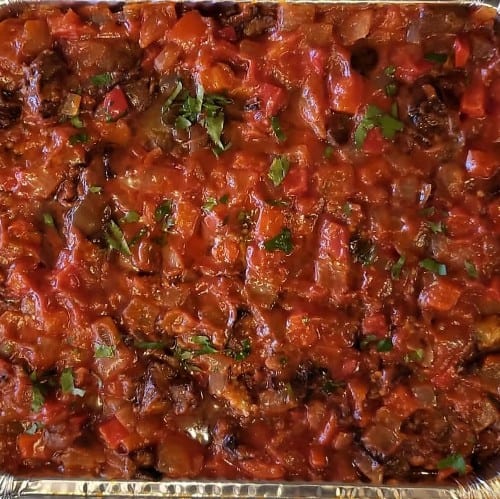 Eggplant Tomato Dip Half Tray Shallow + Bread.