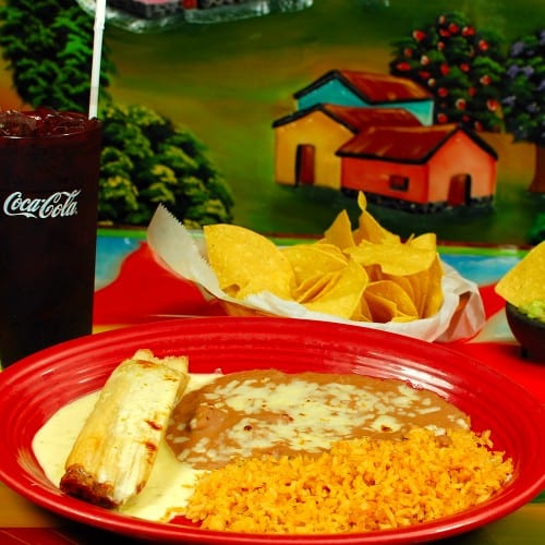 Tamale, Rice and Beans.