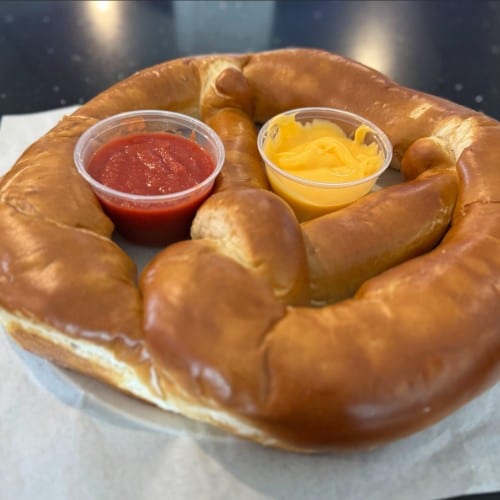 Jumbo Pretzel w/ Honey Mustard and Nacho Cheese.