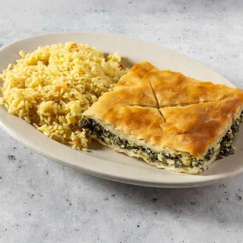 Spinach Pie Served with Rice Pilaf.