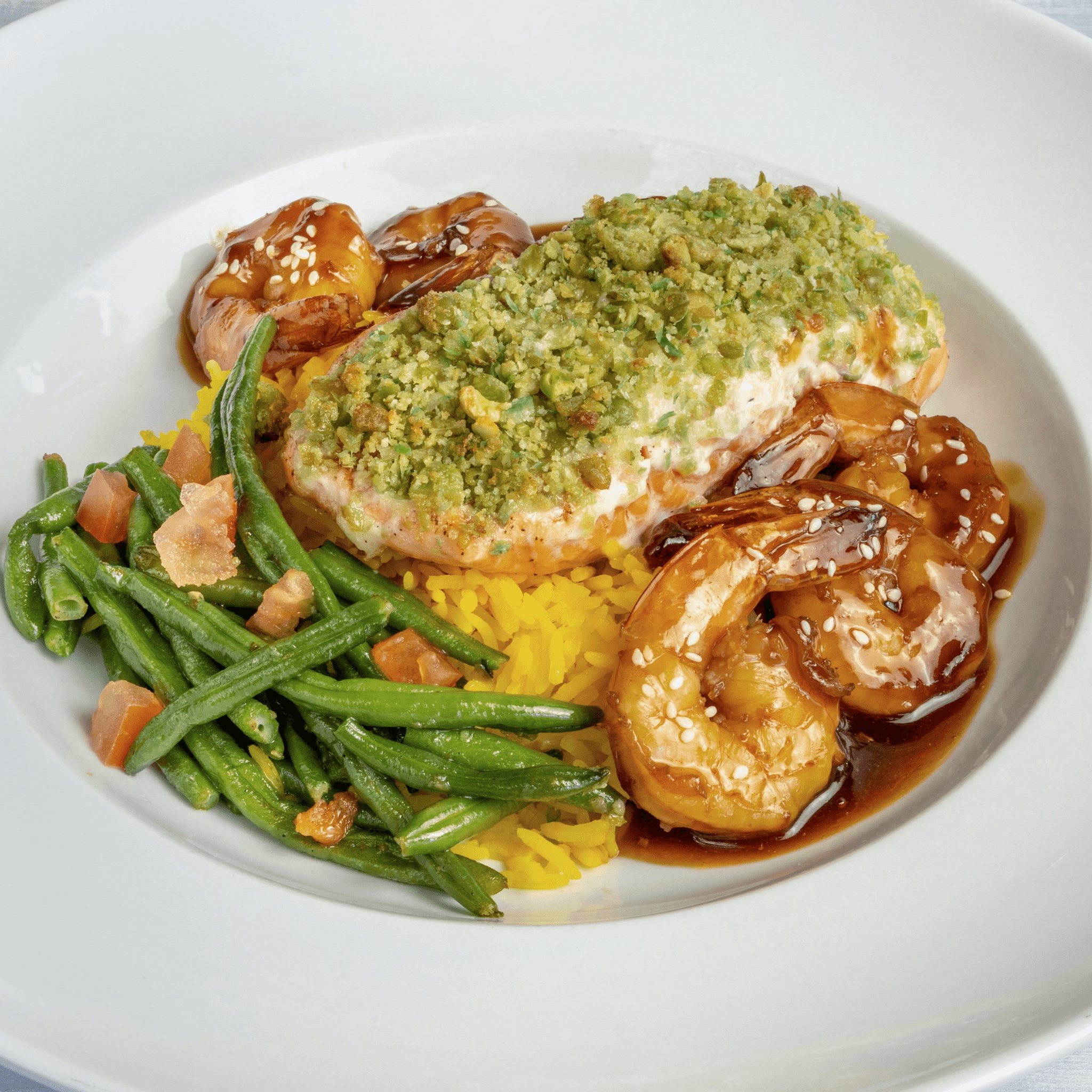 Wasabi - Crusted Salmon & Shrimp Teriyaki.