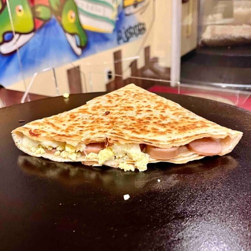 Cheese, Eggs and Bratwurst Crepe.