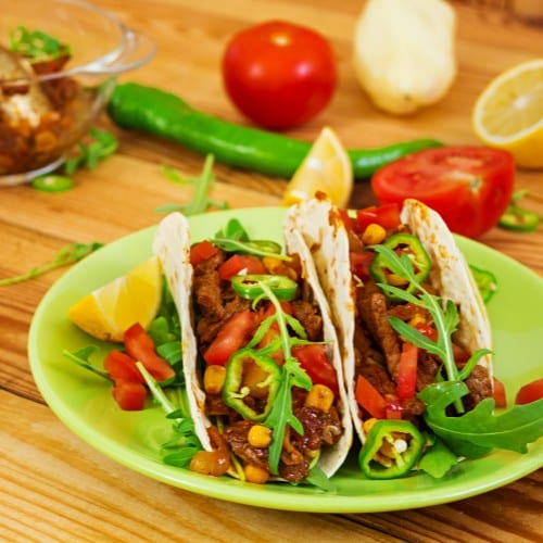 Plate of 2 Tacos, Rice & Beans.