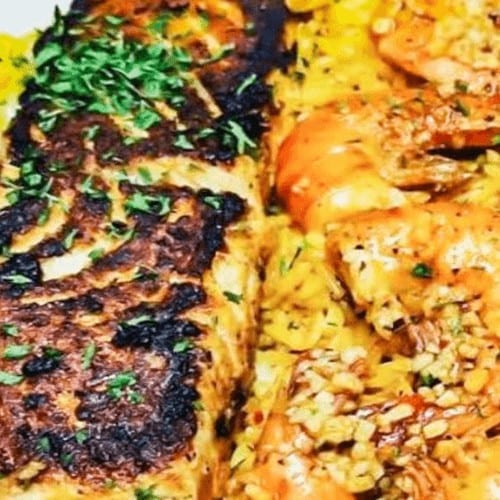 Shrimp & Salmon Rice Platter.