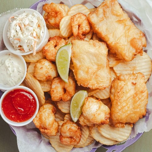 Seafood Combo Basket with fries and slaw.