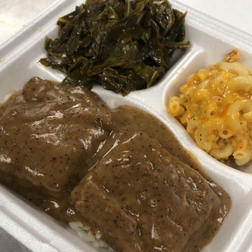 Hamburger Steak & Gravy Combo with 2 Sides.