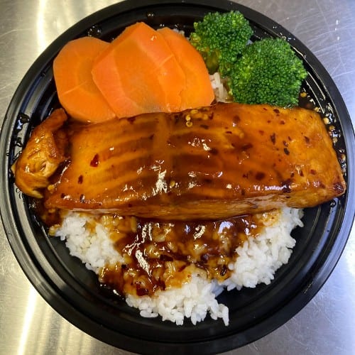 Grilled Teriyaki Salmon Rice Bowl.