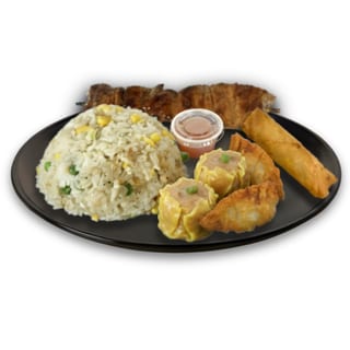 C8 - Fried Rice, 2 Pieces Dumplings, 2 pieces Siomai, 1 Piece Lumpia & 1 Stick BBQ Skewer (Pork or Chicken)