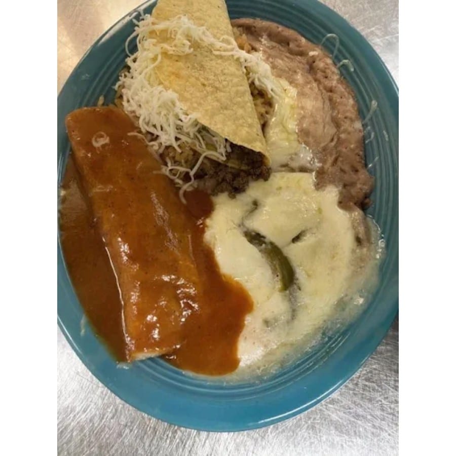 20. One Chile Relleno, One Beef Enchilada, One Beef Taco, Rice & Beans.
