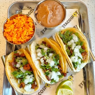 #7 3 Street Tacos, Rice, Beans & Fountain Drink