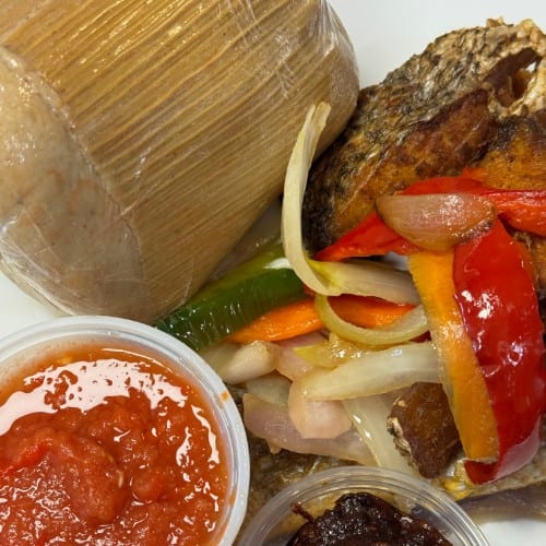 Accra Kenkey with Fried Croaker.