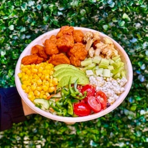 Spicy Buffalo Fried Chicken Fresh Green Bowl.