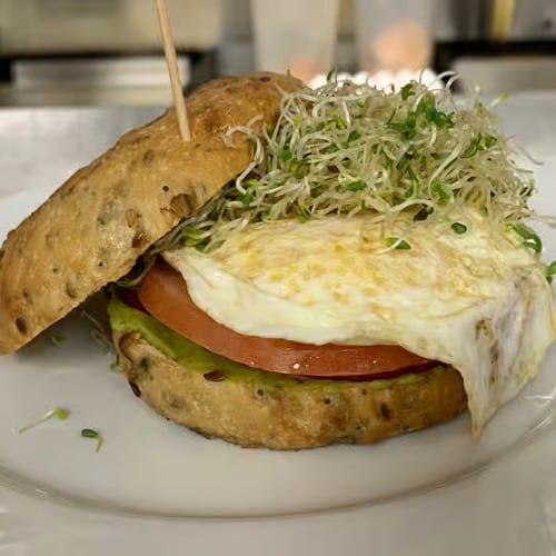 Harvest Bagel with Hashbrowns.