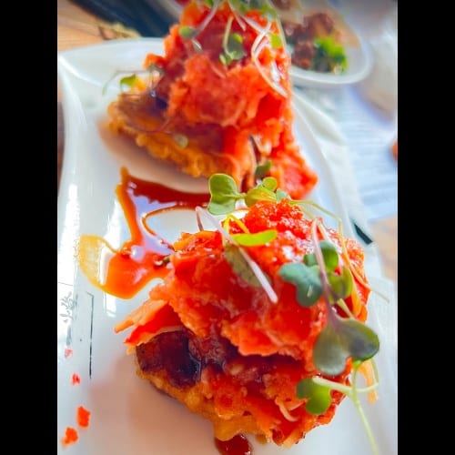 Stuffed Sweet Potato with Spicy Crab and Tuna or Creamy Avocado Mix.