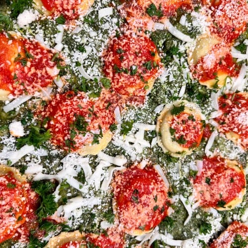 Ravioli and Pesto sauce.