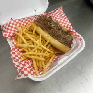 Philly Cheesesteak Provo or Cheese Sauce Sandwich On Armoroso Roll With Fries