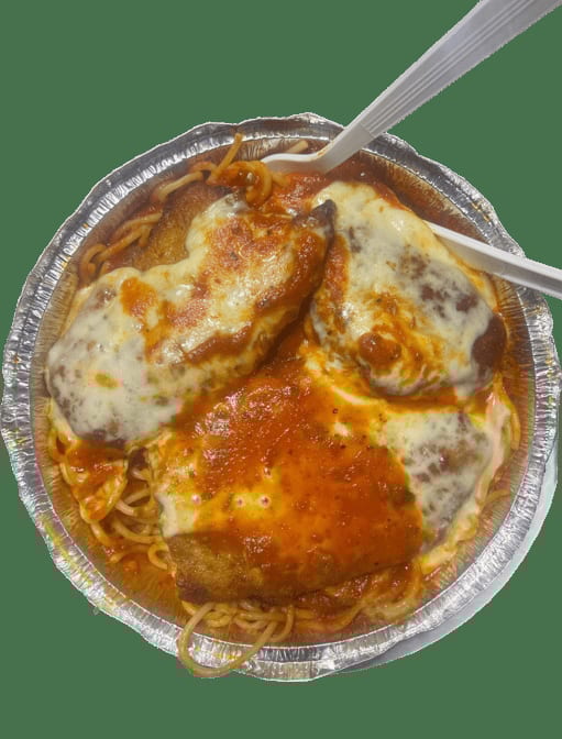 Chicken Parmigiana Over Spaghetti.