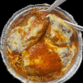 Chicken Parmigiana Over Spaghetti