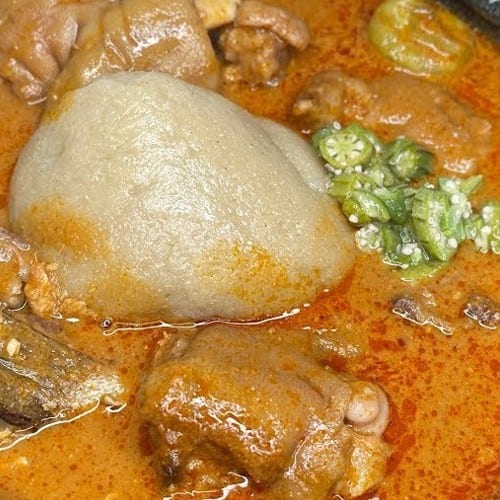 Kokonte with goat meats  Ground nuts Soup.